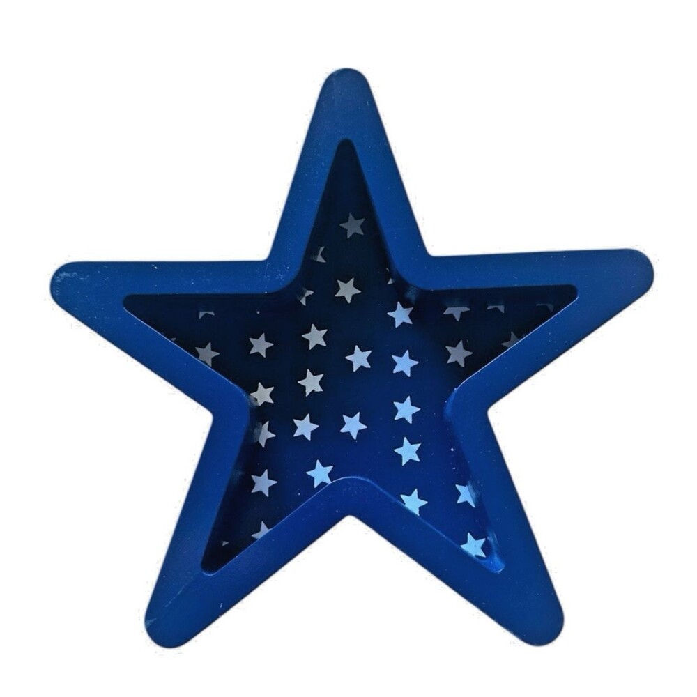 Blue Patriotic Stars & Stripes Star Shaped Shadow Box Wood w/ White Mini Stars